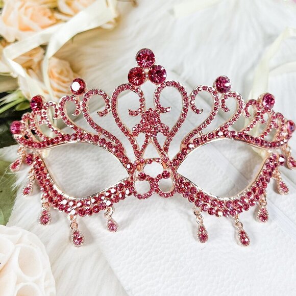 Venetian Masquerade Ball Mask, Mardi Gras Gold Mask, Elegant Pink Teardrop Mask - Picture 1 of 5